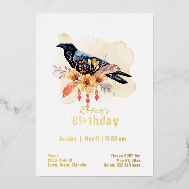 Invitación Con Relieve Metalizado Cumpleaños del Cuervo Personalizado (Anverso)