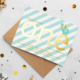 Invitación Con Relieve Metalizado Cumpleaños del Elefante con Menta y Hoja de Oro Fa