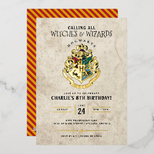 Invitación Con Relieve Metalizado Cumpleaños del Escudo de Hogwarts de Harry Potter 