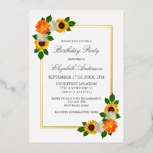 Invitación Con Relieve Metalizado Cumpleaños del marco dorado floral