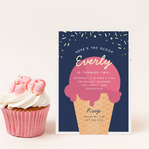 Invitación Con Relieve Metalizado Cumpleaños del niño con cono de helado Here's The 