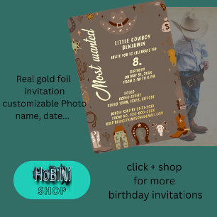 Invitación Con Relieve Metalizado cumpleaños del pequeño vaquero de texas más buscad