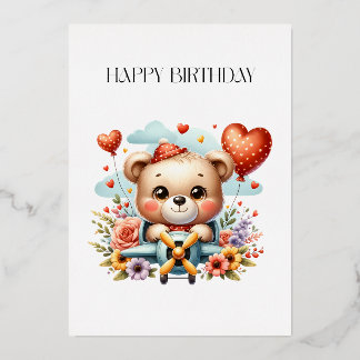 Invitación Con Relieve Metalizado Cumpleaños del piloto de osito de peluche