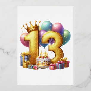 Invitación Con Relieve Metalizado Cumpleaños dorado 13