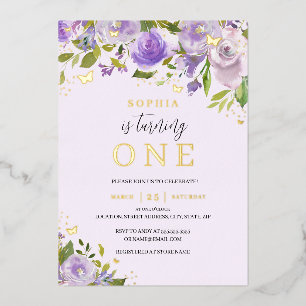 Invitación Con Relieve Metalizado Cumpleaños dorado púrpura acuarela floral niña 1