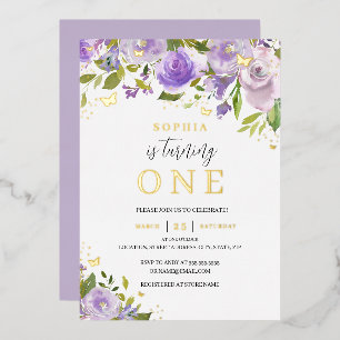 Invitación Con Relieve Metalizado Cumpleaños dorado púrpura acuarela floral niña 1
