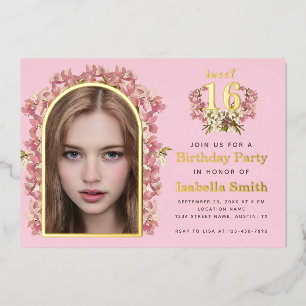 Invitación Con Relieve Metalizado Cumpleaños Dulces 16 Arco de Orquídeas Rosa para F