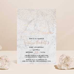 Invitación Con Relieve Metalizado Cumpleaños Dulces 16 Elegante Confeti & Mármol Rea