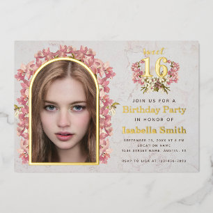 Invitación Con Relieve Metalizado Cumpleaños Dulces 16 Foto de niña Arco de orquídea