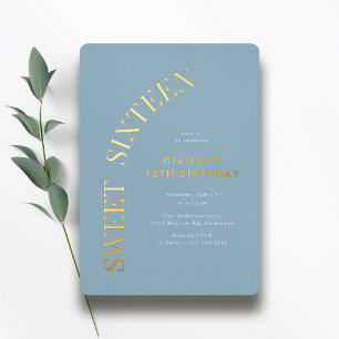 Invitación Con Relieve Metalizado Cumpleaños Dulces Dieciséis Azul Polvo y Dorado
