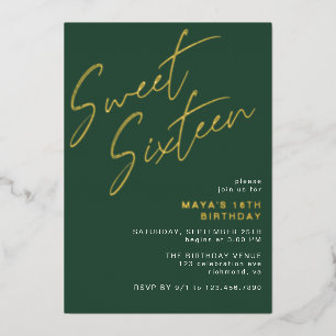 Invitación Con Relieve Metalizado Cumpleaños Dulces Dieciséis Esmeralda Verde y Dora
