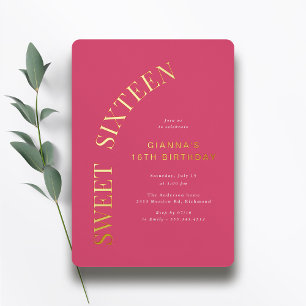 Invitación Con Relieve Metalizado Cumpleaños Dulces Dieciséis Rosa Caliente y Cump