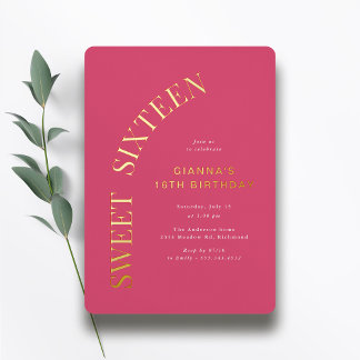 Invitación Con Relieve Metalizado Cumpleaños Dulces Dieciséis | Rosa Caliente y Cump