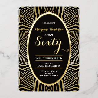 Invitación Con Relieve Metalizado Cumpleaños Elegant Sixty negro cebra dorada