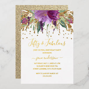 Invitación Con Relieve Metalizado Cumpleaños Fabuloso con Brillo Floral Amatista 50