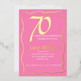 Invitación Con Relieve Metalizado Cumpleaños Femenino Moderno Rosa y Foil 70