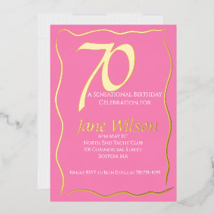 Invitación Con Relieve Metalizado Cumpleaños Femenino Moderno Rosa y Foil 70