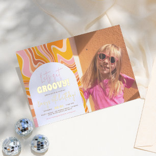 Invitación Con Relieve Metalizado Cumpleaños Fiesta Foto Brillante Rosa Naranja Groo
