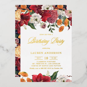 Invitación Con Relieve Metalizado Cumpleaños floral de Amaryllis y crisantemos botán