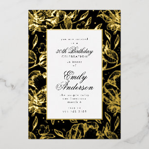 Invitación Con Relieve Metalizado Cumpleaños floral dibujado a mano en oro real form