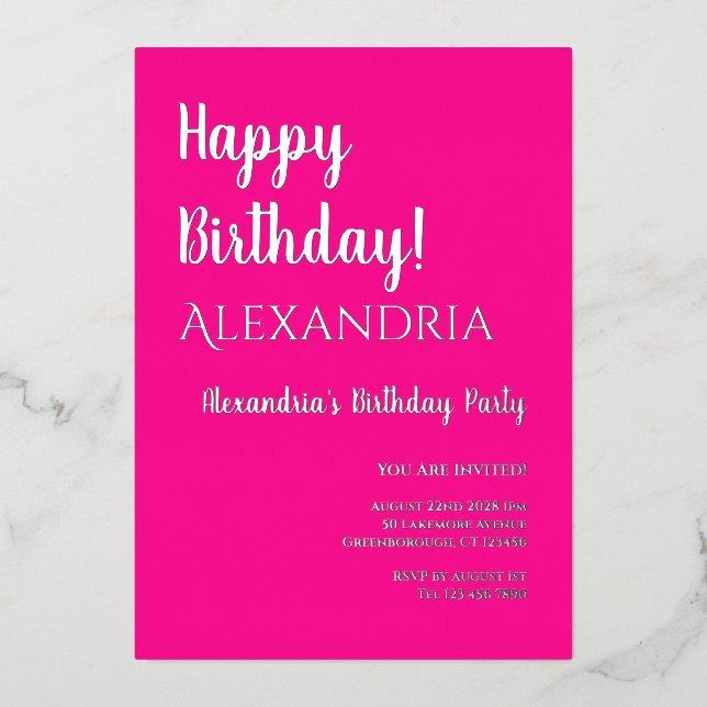 Invitación Con Relieve Metalizado Cumpleaños Hot Pink Feliz cumpleaños Real Silver (Anverso)