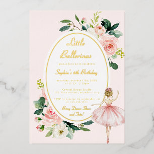 Invitación Con Relieve Metalizado Cumpleaños infantil Blush Floral Bailarina