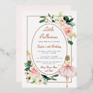 Invitación Con Relieve Metalizado Cumpleaños infantil de bailarina floral rosa pálid