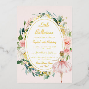 Invitación Con Relieve Metalizado Cumpleaños infantil Floral Bailarina Dorada Pequeñ