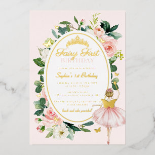 Invitación Con Relieve Metalizado Cumpleaños justo 1er hada floral rosa de oro