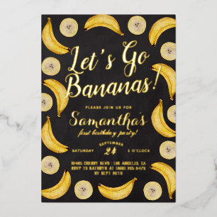Invitación Con Relieve Metalizado Cumpleaños Let's Go Bananas