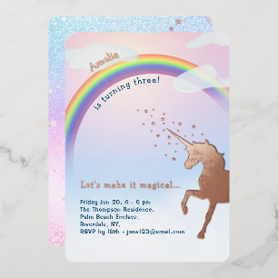 Invitación Con Relieve Metalizado Cumpleaños Mágico Unicornio Dorado Rosa Glitter Ar