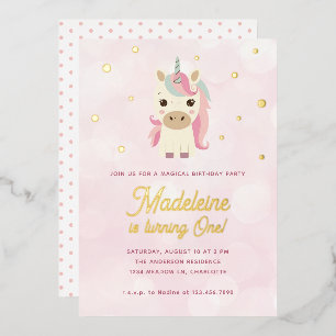 Invitación Con Relieve Metalizado Cumpleaños Mágico Unicornio Rosado Puntos Dorados 