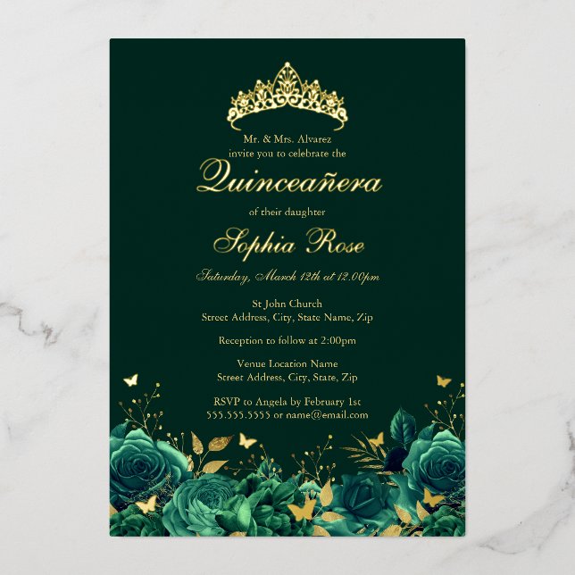 Invitación Con Relieve Metalizado Cumpleaños Mariposa Floral Esmeralda Quinceanera (Anverso)