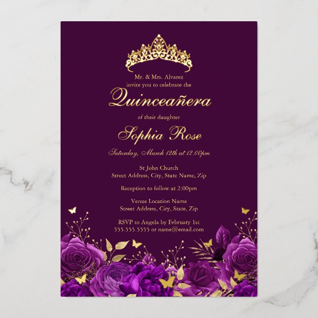 Invitación Con Relieve Metalizado Cumpleaños Mariposa Morada Floral Tiara Quinceaner (Anverso)