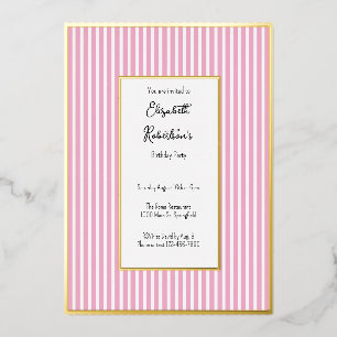 Invitación Con Relieve Metalizado Cumpleaños minimalista rosa rayas doradas sin edad