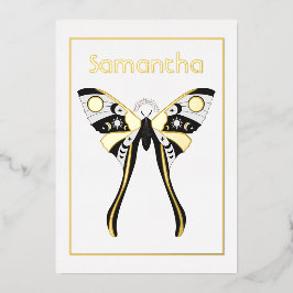 Invitación Con Relieve Metalizado Cumpleaños místico de oro celeste y polilla de pla