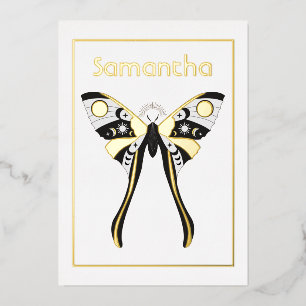 Invitación Con Relieve Metalizado Cumpleaños místico de oro celeste y polilla de pla