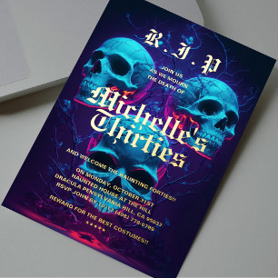 Invitación Con Relieve Metalizado Cumpleaños moderno 40 RIP treinta neón calavera