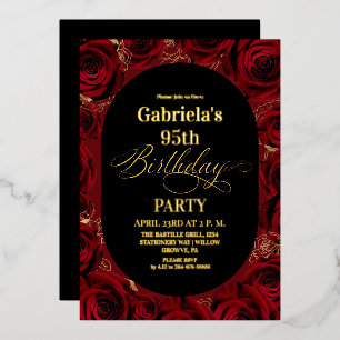 Invitación Con Relieve Metalizado Cumpleaños moderno 95 elegante rojo dorado floral