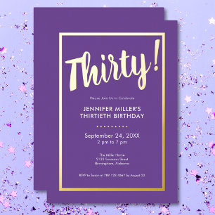 Invitación Con Relieve Metalizado Cumpleaños moderno de 30 años con foil púrpura y d