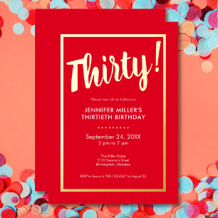 Invitación Con Relieve Metalizado Cumpleaños moderno de 30 años con foil rojo y dora
