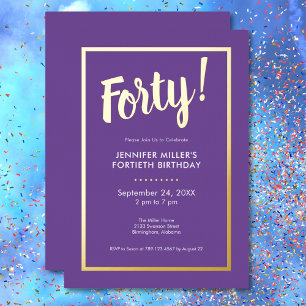 Invitación Con Relieve Metalizado Cumpleaños moderno de 40 años con foil púrpura y d