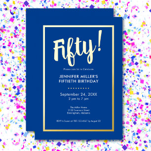 Invitación Con Relieve Metalizado Cumpleaños moderno de 50 años con azul y dorado