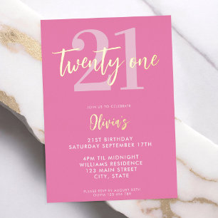 Invitación Con Relieve Metalizado Cumpleaños moderno elegante rosa 21