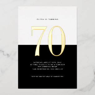 Invitación Con Relieve Metalizado Cumpleaños moderno en negro y blanco de 70 años co