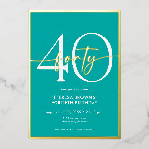 Invitación Con Relieve Metalizado Cumpleaños Moderno Minimalista Aqua Cuarenta Scrip