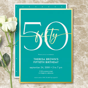 Invitación Con Relieve Metalizado Cumpleaños Moderno Minimalista Aqua Fifty Script