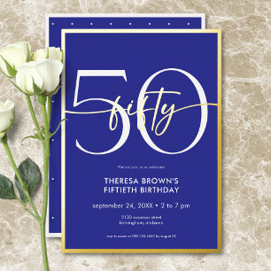 Invitación Con Relieve Metalizado Cumpleaños Moderno Minimalista Azul Real Cincuenta