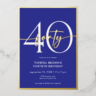 Invitación Con Relieve Metalizado Cumpleaños Moderno Minimalista Azul Real Cuarenta