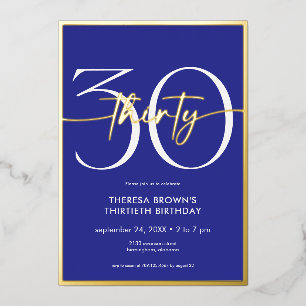 Invitación Con Relieve Metalizado Cumpleaños Moderno Minimalista Azul Real Treinta S